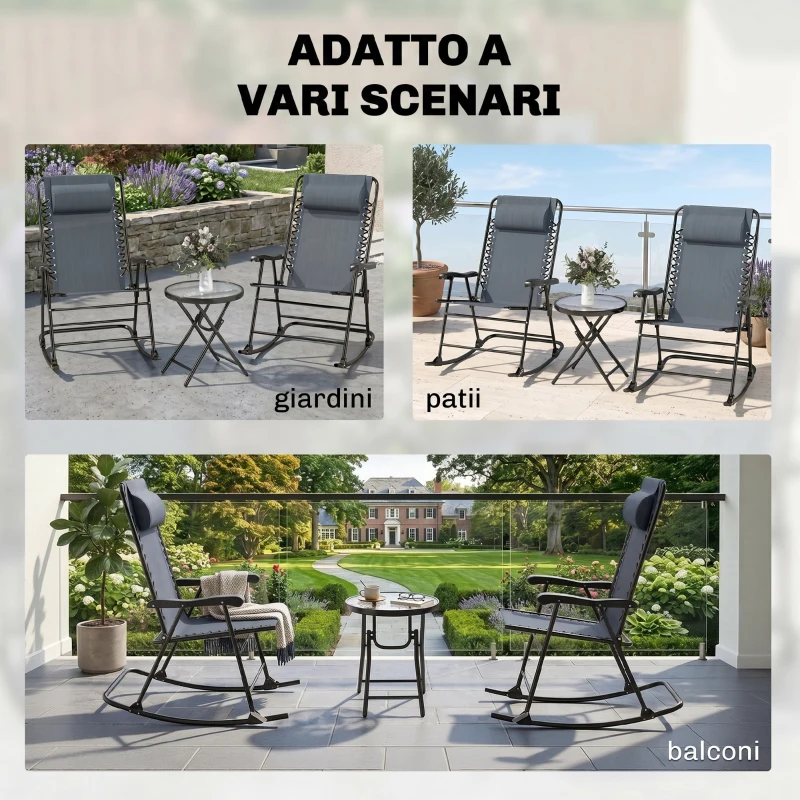 Outsunny Set Tavolino e Sedie da Giardino Pieghevoli e a Dondolo per Esterno, Balcone, Terrazzo, Grigio