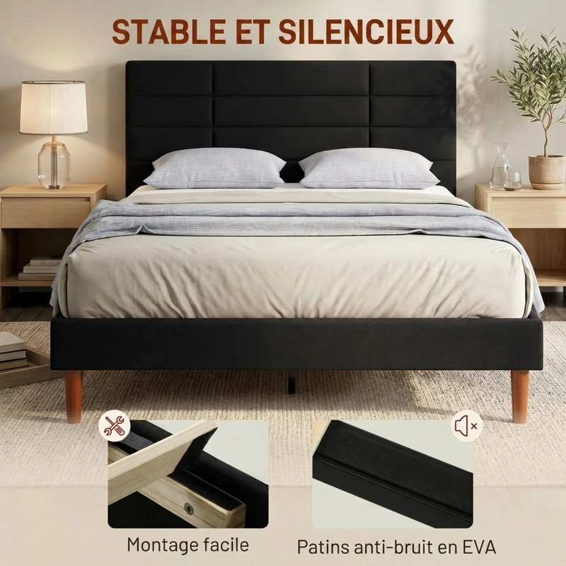 HOMCOM Cadre de Lit 140 x 200 cm avec Sommier Bois, Lit Double Rembourré en Effet Lin, Rangement au-dessous, Sans Bruit, Noir