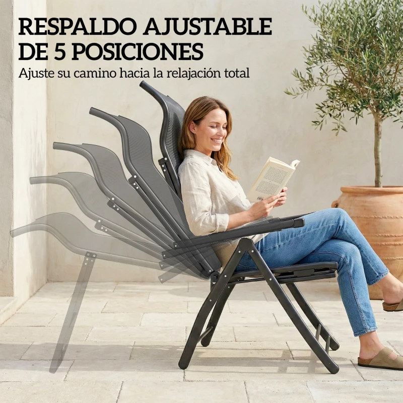 Outsunny Pack de 2 Sillas Plegables Reclinables de Jardín Exterior con Respaldo Alto Ajustable en 5 Posiciones Reposapiés Gris