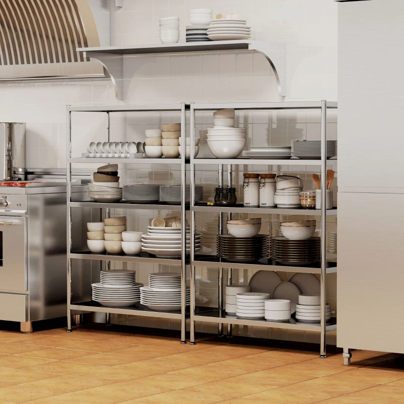 HOMCOM Scaffale da Cucina a 5 Livelli Regolabili su 13 Altezze Diverse, in Acciaio Inox, 91x40x139 cm, Argento