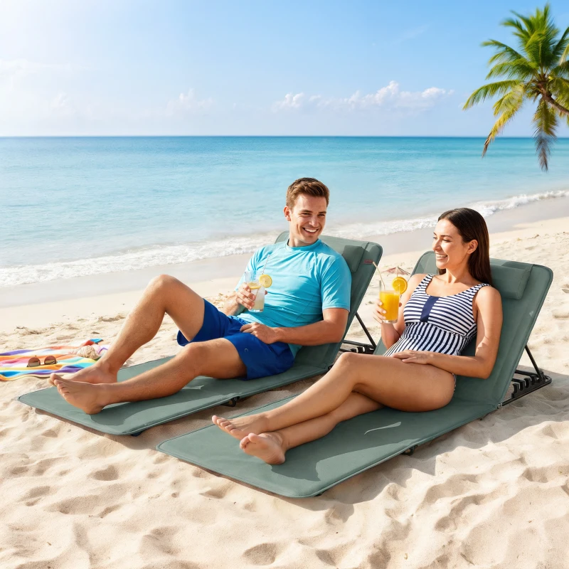 Outsunny Foldable Sun Loungers Set of 2, Portable Folding Beach Lounger with 4-level Adjustable Backrest, Grey