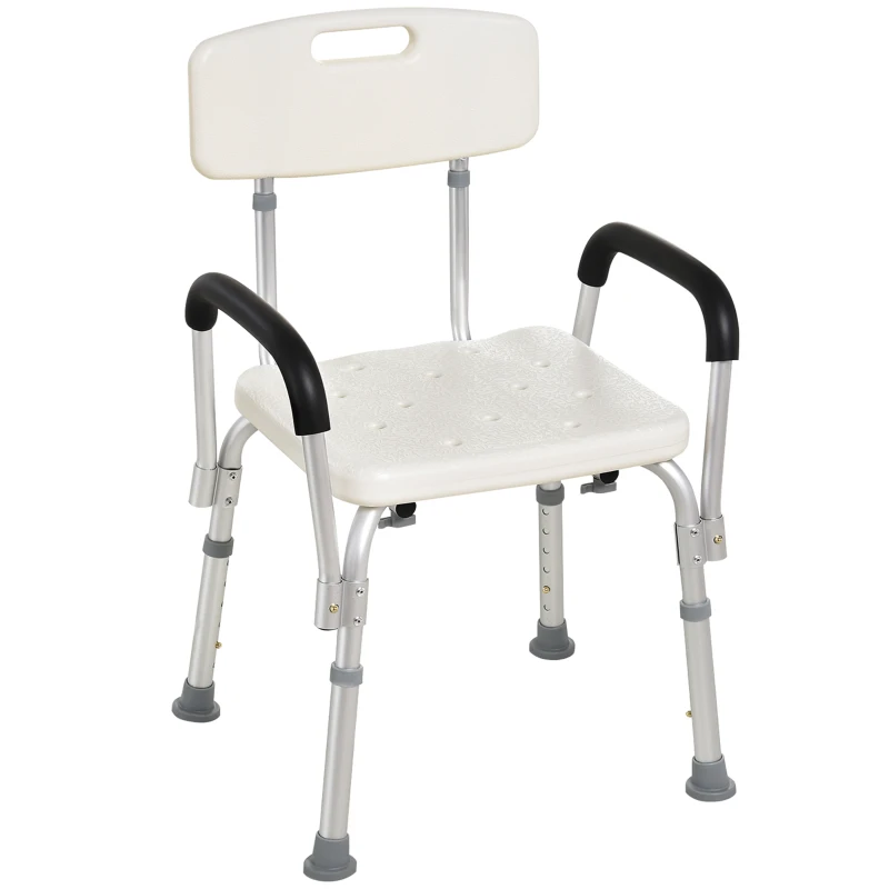 HOMCOM Sedia da Doccia in HDPE a 6 Altezze Regolabili con Schienale e Braccioli, 47x50x74-87 cm, Bianco e Argento