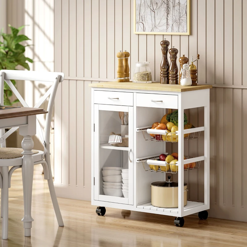 HOMCOM Carrello da Cucina in Bambù con 2 Cassetti, Armadietto, Ripiano e 2 Cestini in Acciaio, 67x35x80 cm, Bianco