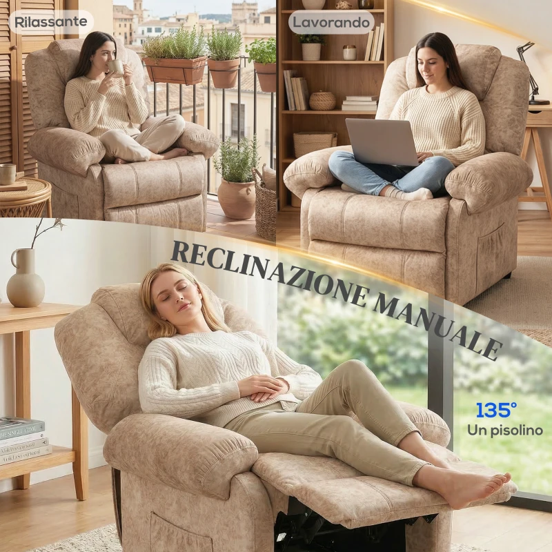 HOMCOM Poltrona Relax Reclinabile Manuale in Tessuto con Poggiapiedi Estraibile e Tasca Laterale, Beige