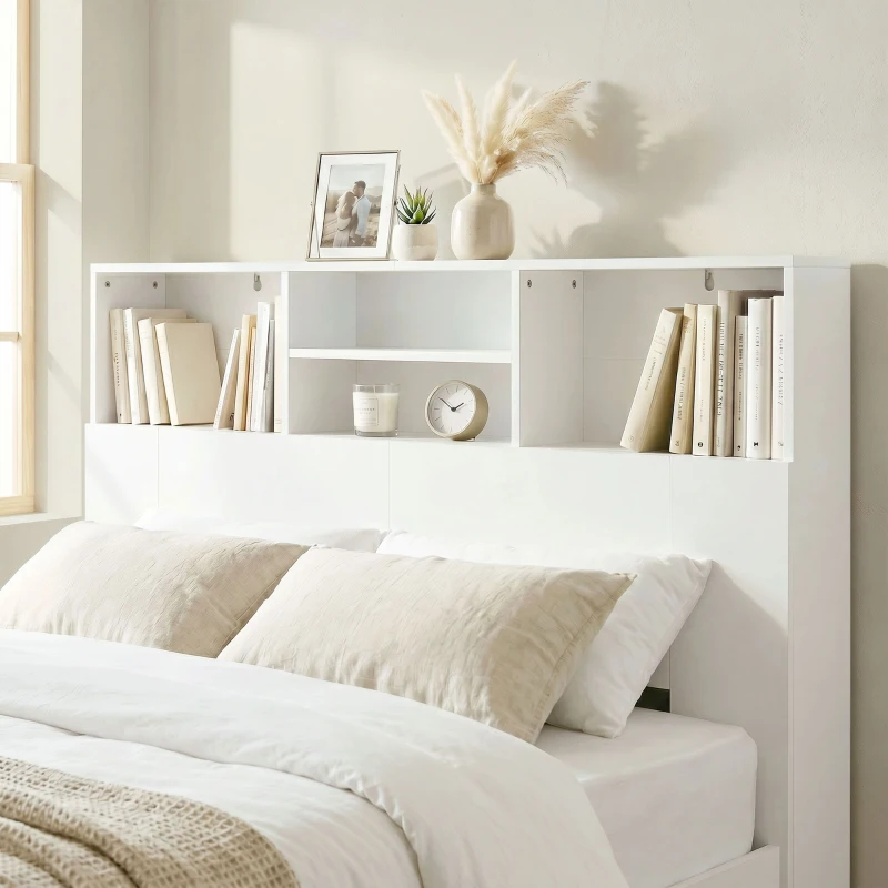 HOMCOM Cabecero de Cama 140 cm con Almacenaje Cabezal de Cama con 4 Compartimentos Abiertos para Dormitorio Blanco