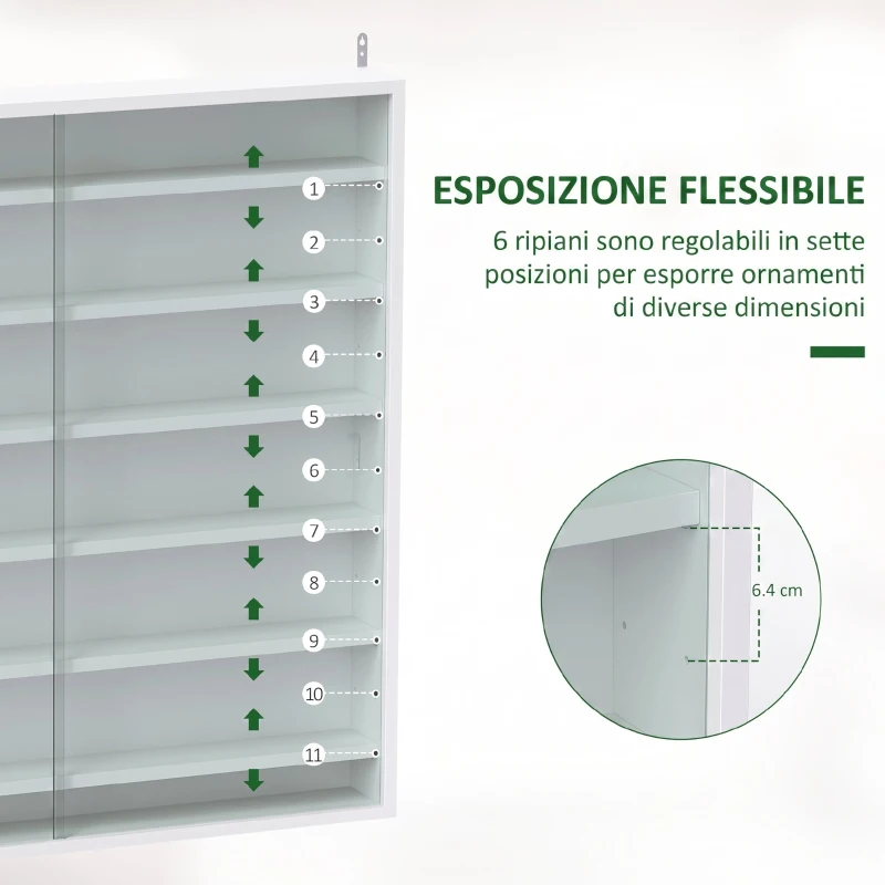 HOMCOM Bacheca Portaoggetti a 5 Ripiani Regolabili in Legno con Ante in Vetro, 80x9.5x83 cm, Bianco