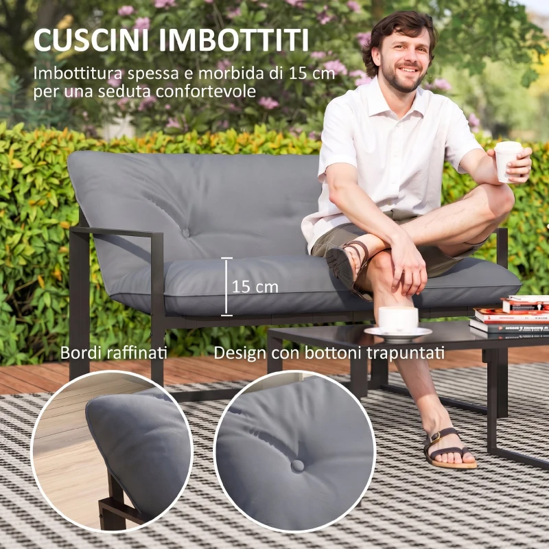 Outsunny Set da Giardino 4 Pezzi con Divanetto, 2 Poltrone e Tavolino, in Acciaio, Poliestere e Cotone PP, Nero e Grigio
