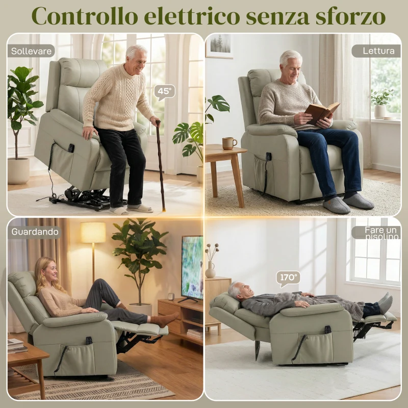HOMCOM Poltrona Elettrica Alzapersona Reclinabile 170° in Pelle Finta Traspirante con 2 Motori, Telecomando, 4 Ruote, Freno, Poggiapiedi, Tasche Laterali, Crema