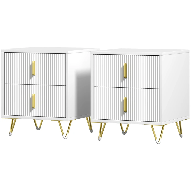 Set of 2 Elegant Fluted Bedside Table - White/Gold-Tone