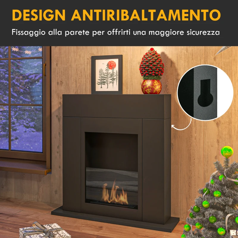 HOMCOM Camino Bioetanolo da Terra con Bruciatore da 0.9L Durata 3 Ore, Area Riscaldata 20-25 m², 73x20x75cm, Nero
