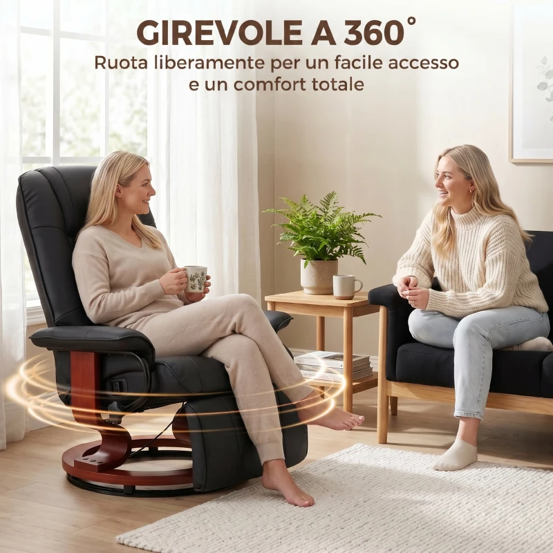 HOMCOM Poltrona Relax Reclinabile Manualmente fino 145° con Poggiapiedi e Rivestimento in Finta Pelle, Nero