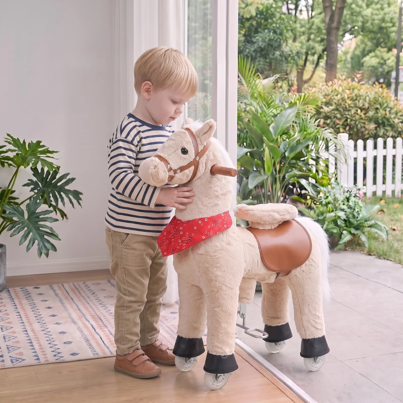 AIYAPLAY Cheval à bascule en peluche avec tête rotative, roues roulantes et sons de hennissement, dès 2 ans, marron clair