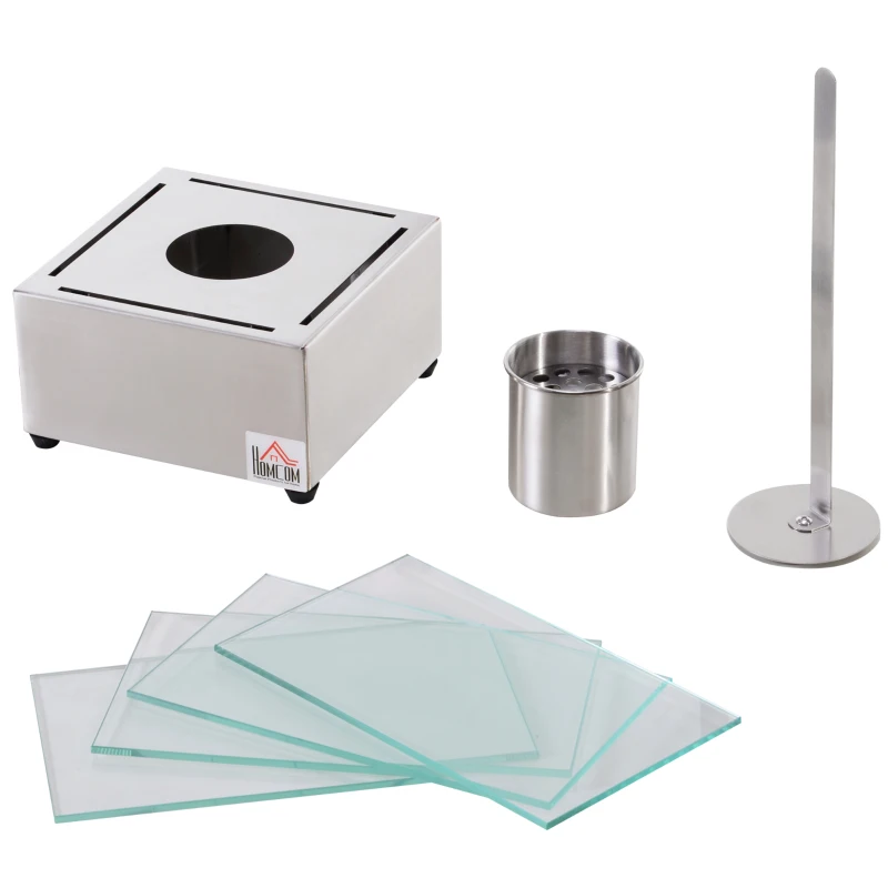 HOMCOM Camino a Bioetanolo da Tavolo con Bruciatore da 0.4L, Biocamino in Acciaio e Vetro per Interni ed Esterni, 20x20x33cm, Argento