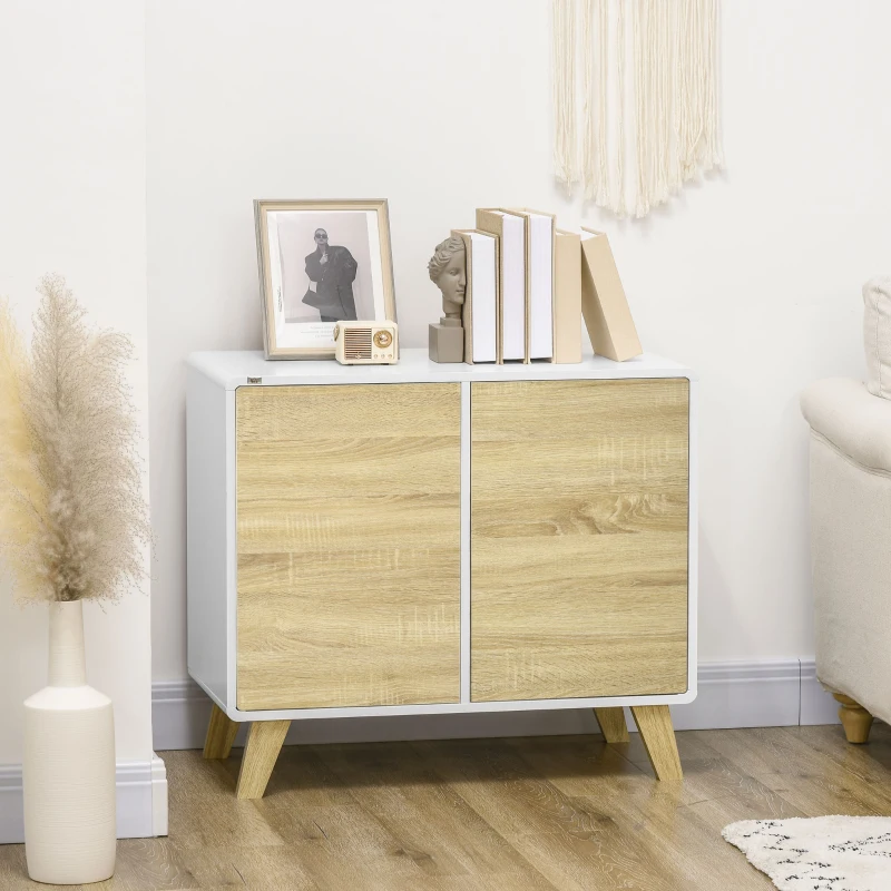 HOMCOM Aparador de Salón con Puertas a Presión y Estante Ajustable para Comedor Dormitorio 80x40x70 cm Blanco y Roble