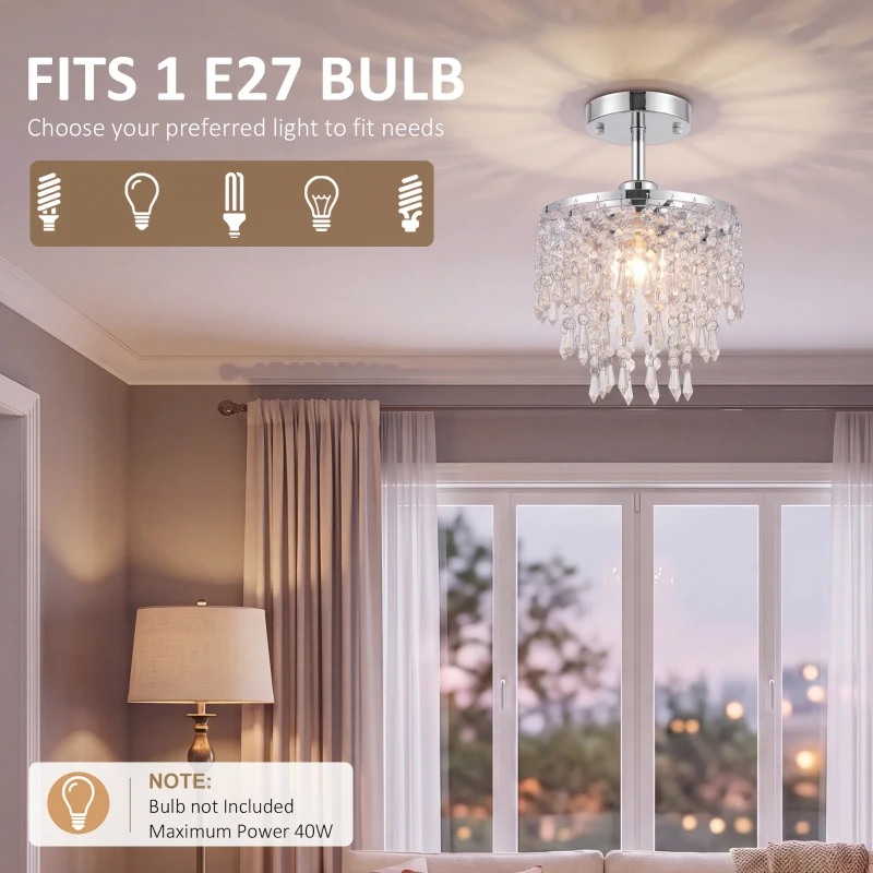 HOMCOM Crystal Ceiling Light with 57 Crystal Strands, Ceiling Light with Mounting Plate for Hallway, Silver Tone