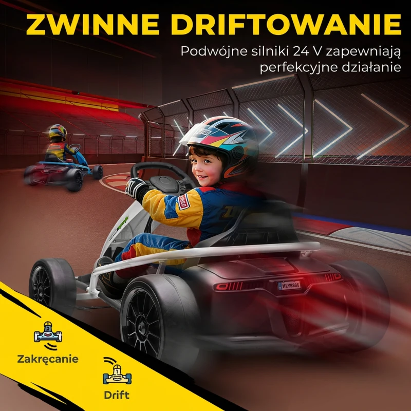 HOMCOM 24 V elektryczny gokart dla dzieci do 13 km/h z funkcją driftu, drift-kart z 2 silnikami dla 8-12 lat, biały