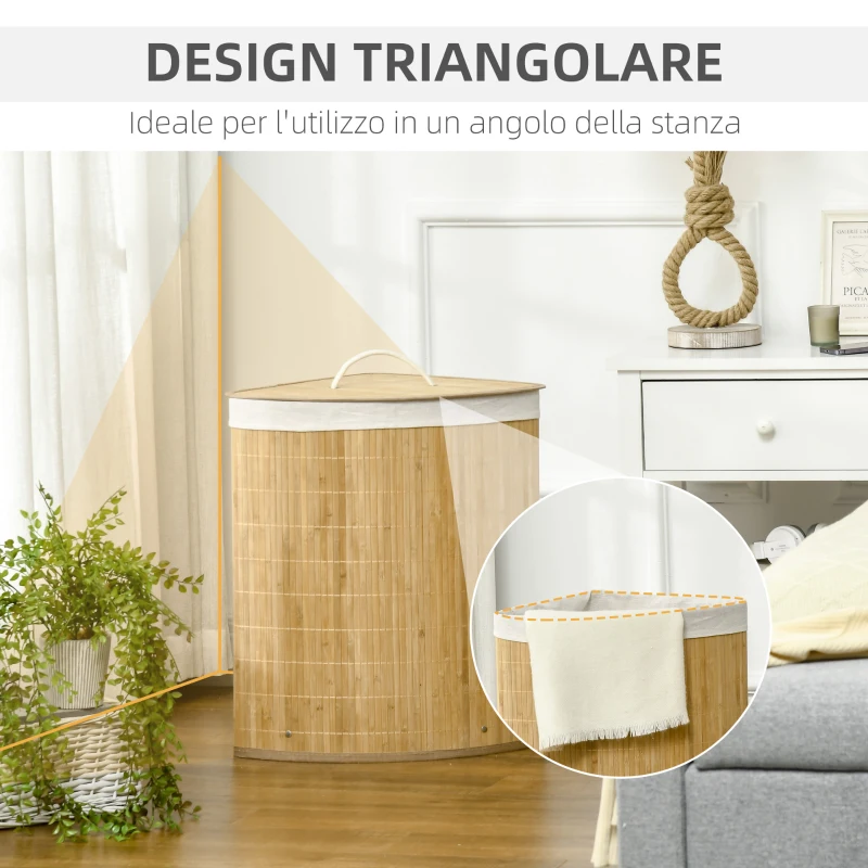 HOMCOM Cesto Portabiancheria con Coperchio Triangolare in Bambù e Tessuto, 38x38x57cm, Colore Legno