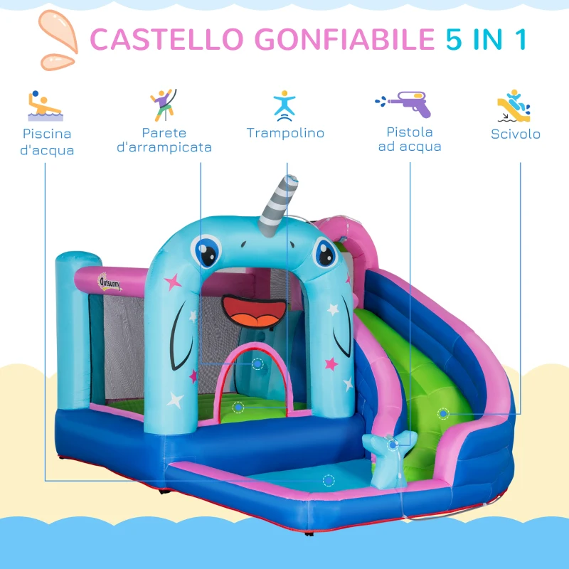 Outsunny Gioco Gonfiabile per Bambini 3-8 Anni a tema Narvalo con Borsa, 11 Paletti e Toppe Inclusi, 330x280x200 cm