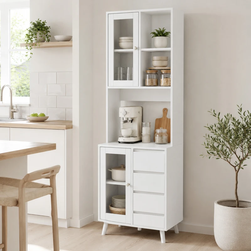 HOMCOM Alacena de Cocina Aparador con 2 Puertas de Vidrio Compartimentos 4 Cajones y Estantes Ajustables 60x35x180 cm Blanco