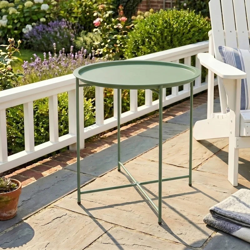 Outsunny Petite table basse ronde table d'appoint plateau amovible avec bord relevé pieds pliables en acier Ø 46 x 53 cm vert