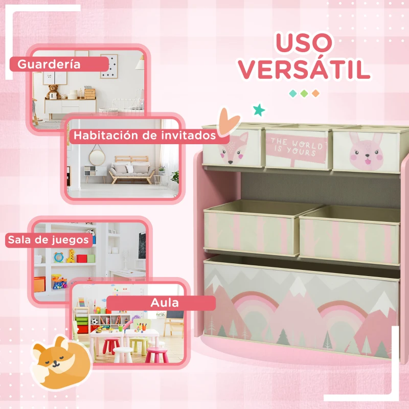 ZONEKIZ Organizador de Juguetes para Niños Estantería para Juguetes con 6 Cajas de Tela no Tejida Extraíbles 63x30x66 cm Rosa