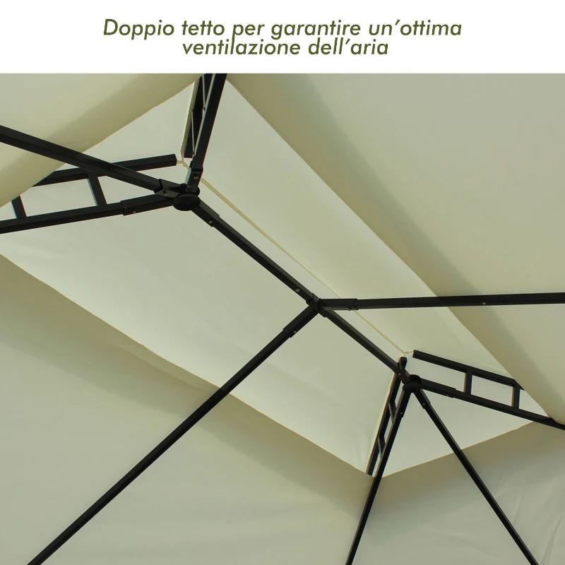 Outsunny Gazebo da Giardino 3x4m in Acciaio con Doppio Tetto e 4 Tende Laterali, Crema