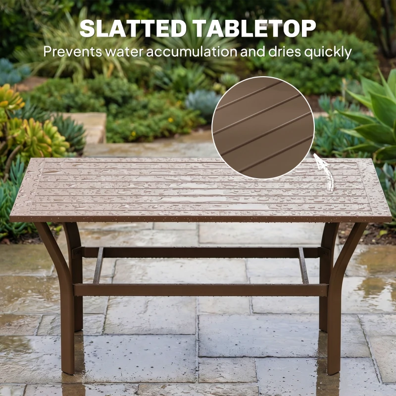 Outsunny Metal Garden Coffee Table, Rectangular Outdoor Side Table with Slatted Tabletop, Foot Pads for Outside, Garden, Balcony, Porch, 91.5 x 55 x 45cm, Brown