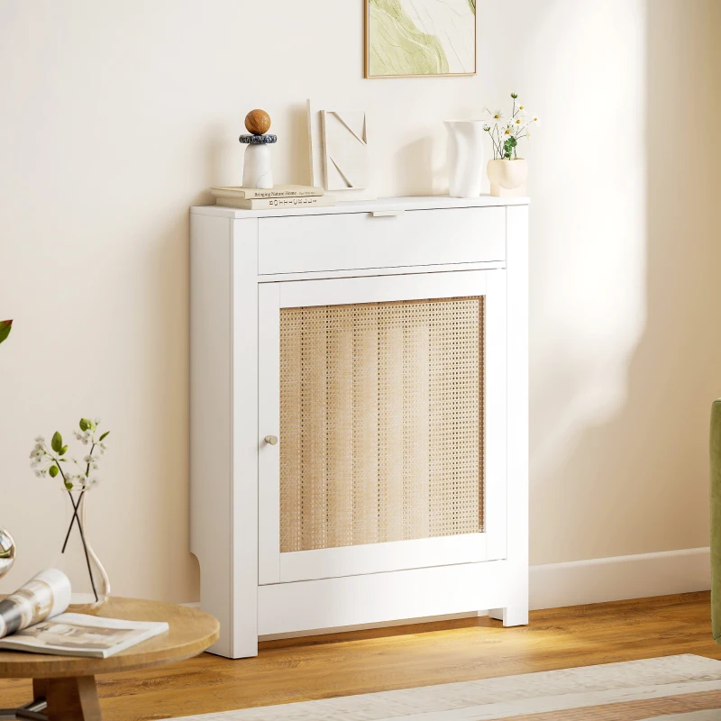 HOMCOM Cobertura para Radiador com Porta Rebatível e Vime Proteção Radiador de MDF 78x19x95,5 cm com Compartimento Desenho Boémio Branco
