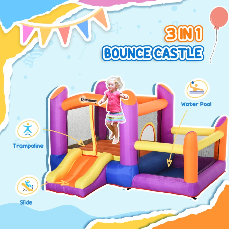 Outsunny Kids Bouncy Castle House Inflatable Trampoline Slide Water Pool 3 in 1 with Blower Indoor Outdoor for Kids Age 3-8 Multi-Colour 2.8 x 2.5 x 1.7m