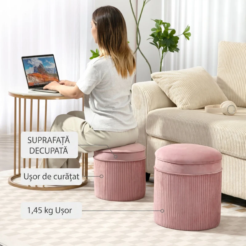 HOMCOM Set 2 Taburete Rotunde Stivuibile și Tapițate, cu Huse din Catifea și Spațiu de Depozitare de 34.8L, Roz
