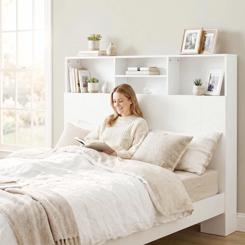 HOMCOM Cabecero de Cama 140 cm con Almacenaje Cabezal de Cama con 4 Compartimentos Abiertos para Dormitorio Blanco
