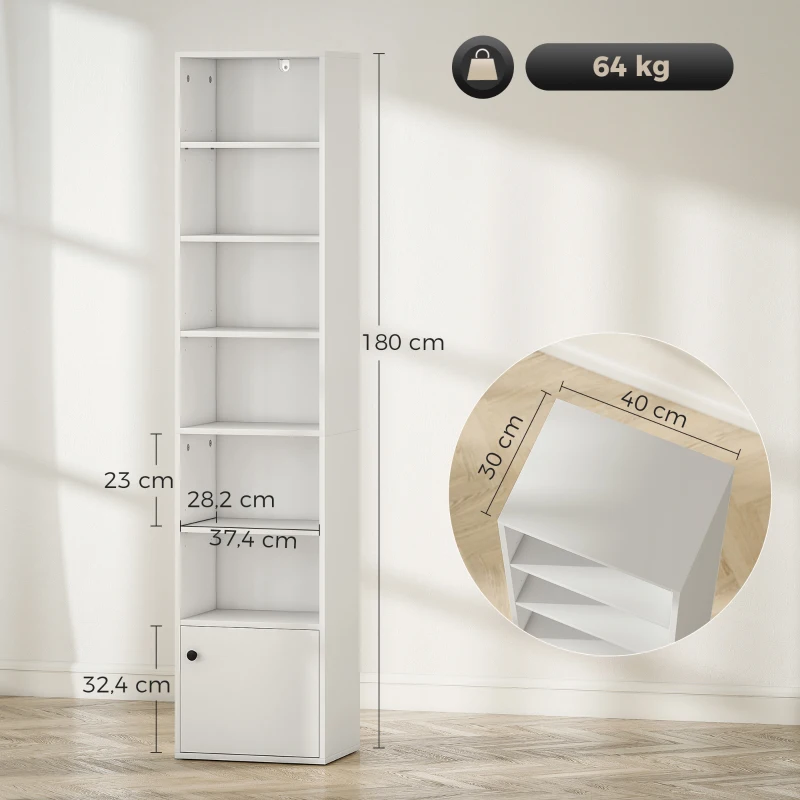 HOMCOM Librería de 7 Niveles Estantería para Libros Moderna con Estantes Abiertos y Puerta 40x30x180 cm Blanco