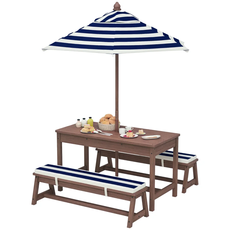 AIYAPLAY Ensemble salon de jardin extérieur enfant avec coussins et parasol amovible, rayé bleu marine et blanc