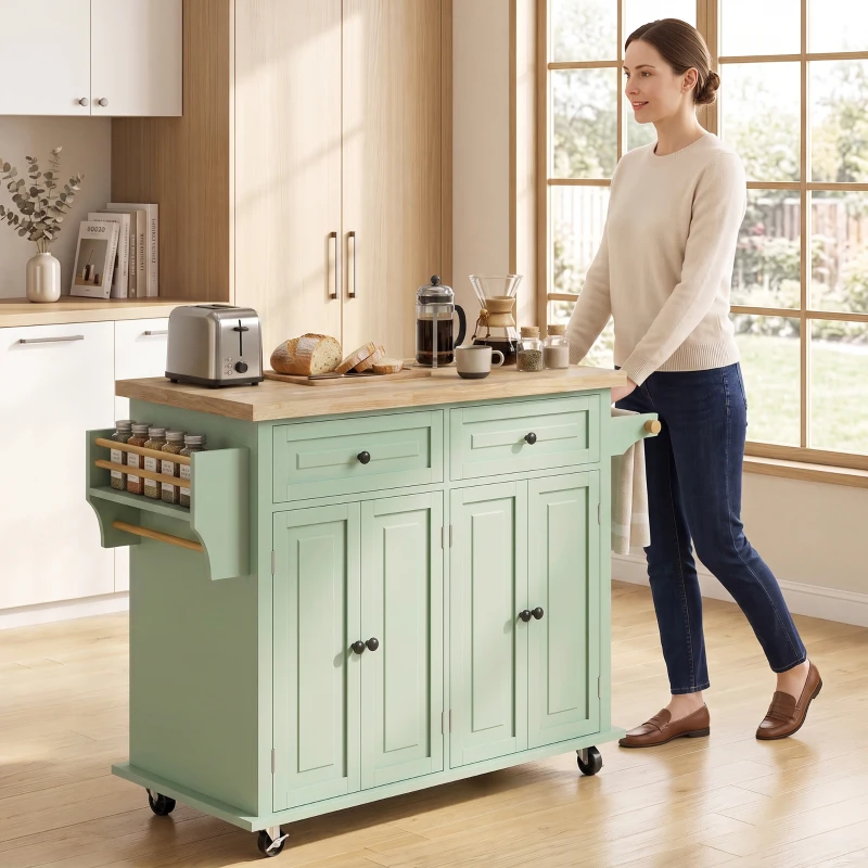 HOMCOM Rolling Kitchen Island Storage Trolley with Rubber Wood Top & Drawers for Dining Room, Light Green