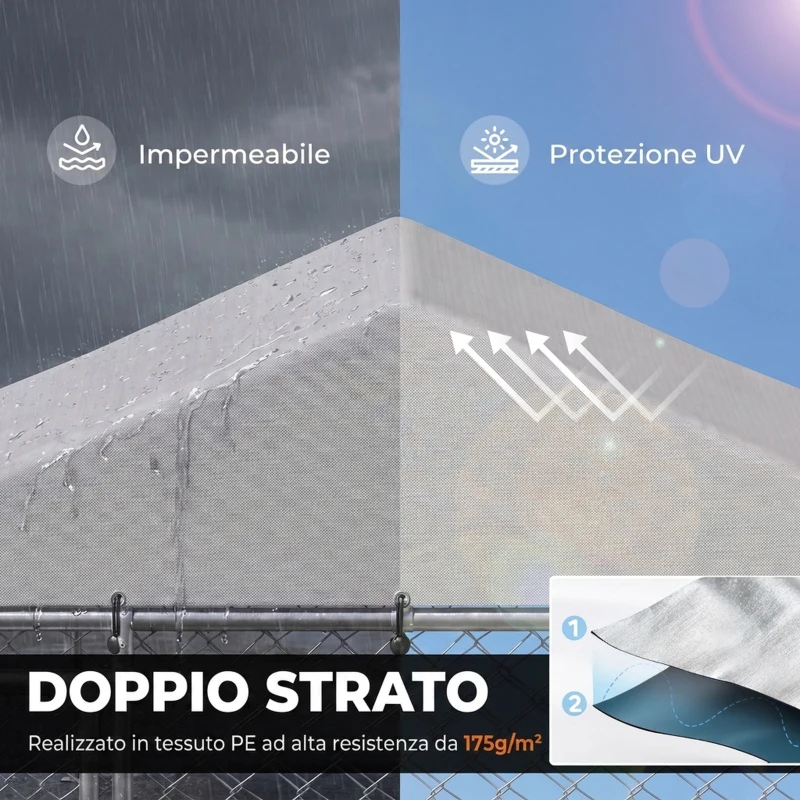 PawHut Recinto per Cani da Esterno in Acciaio Zincato con Tetto in PE, Anti-UV, Impermeabile, Argento