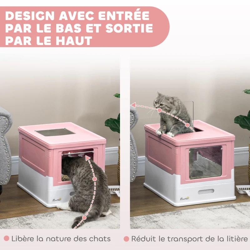 PawHut Maison de toilette pour chat pliable double porte battante et supérieure pelle fourni 47,5 x 35,5 x 36,7 cm rose