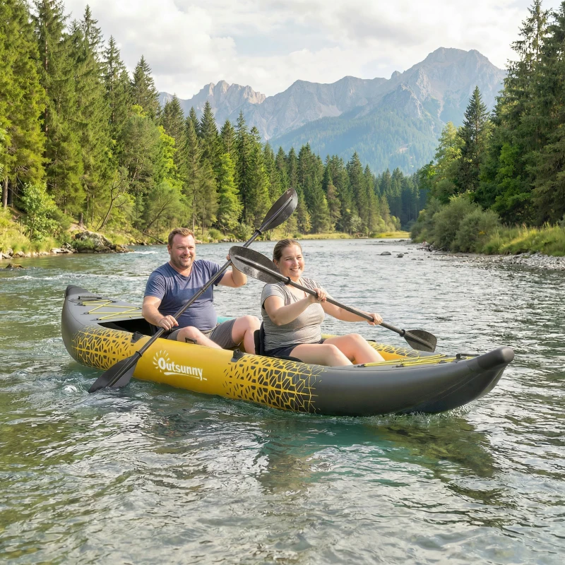 Outsunny 12.5' Inflatable Kayak Set, 2-person Sit on Canoe with Aluminium Oars, Grey and Yellow
