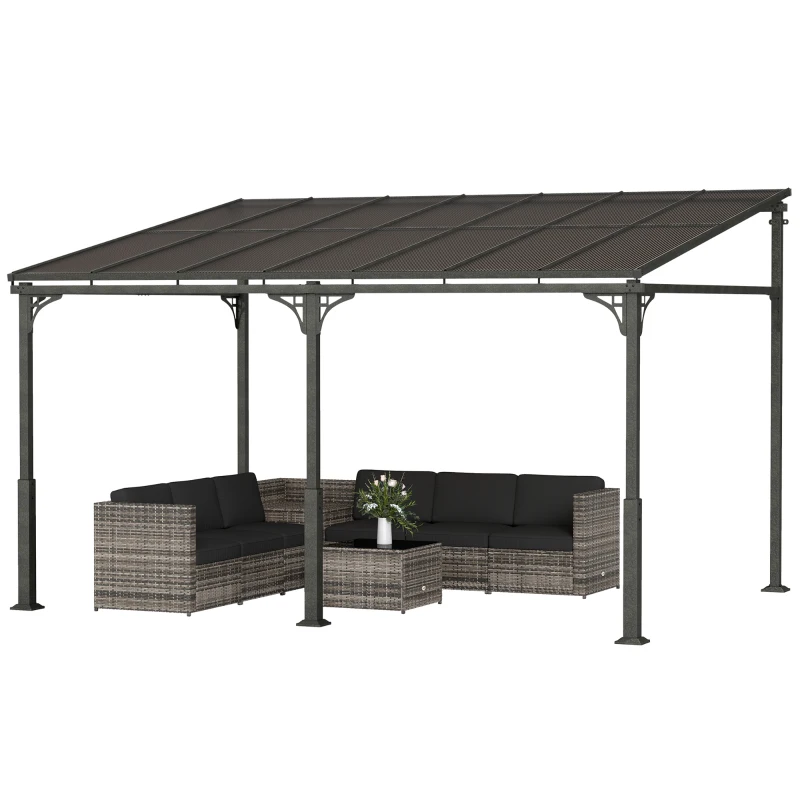 Outsunny Pergola Addossata 4x3 m con Tetto in Policarbonato, Metallo e Alluminio con Viti, Marrone