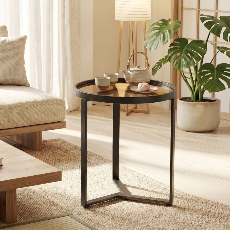 HOMCOM Round Side Table with Tempered Glass Top and Geometric Metal Frame for Small Space, Black