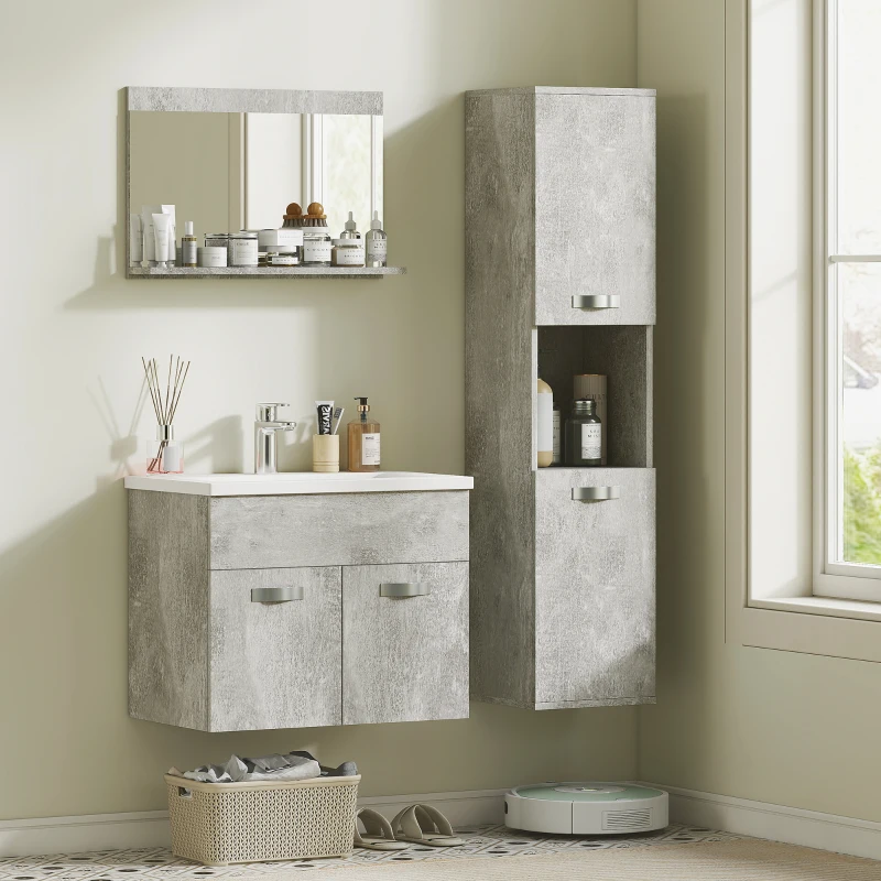 kleankin Set Mobili Bagno da 4 Pezzi con Lavabo da 60cm, Mobiletto, Colonna Bagno e Specchiera in Legno, Grigio