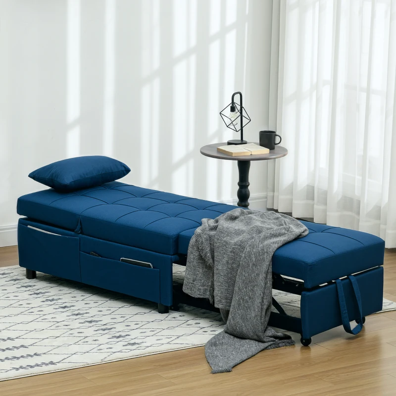 HOMCOM 3-in-1 Klappsessel mit Seitentasche, Gästebett mit Kissen, Verstellbarer Rückenlehne, Bettsessel mit Rollen, Blau