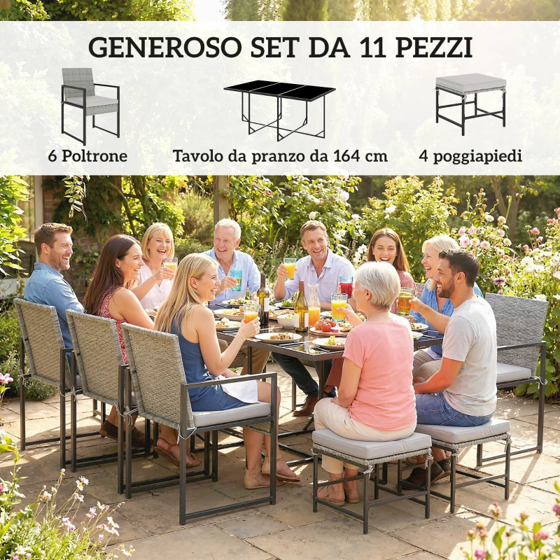 Outsunny Set Pranzo Patio 11 Pezzi, Mobili Esterno Con 6 Poltrone, 4 Pouf, Grigio