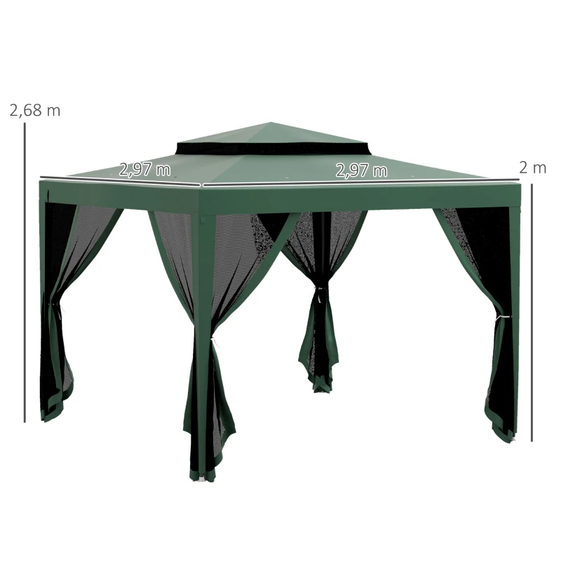 Outsunny Carpa de Jardín 3x3 m Cenador Gazebo con 4 Mosquiteras Laterales Techo Doble 8 Orificios de Drenaje Marco de Metal Verde