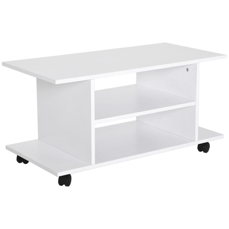 HOMCOM Meuble TV avec Roulettes 80 cm, Meuble Télé pour Téléviseur jusqu'à 42 Pouces avec Étagères Ouvertes, Style Moderne, Banc TV pour Salon, Chambre, Blanc