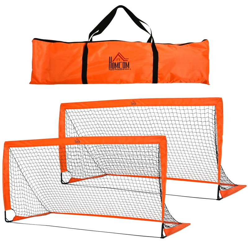 HOMCOM Set of 2 Football Goal Net 6 x 3 ft Foldable Outdoor Sport Training Teens Adults Football with Carrying Bag Orange
