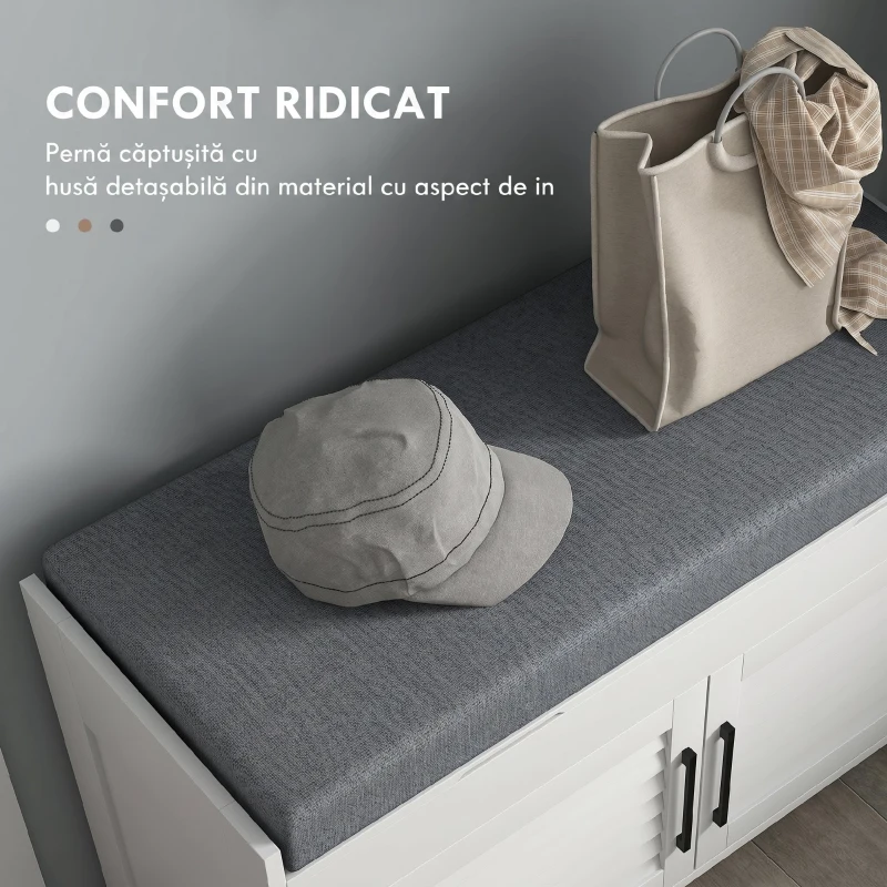 HOMCOM Bancă pentru pantofi cu raft interior reglabil pe 3 niveluri, din MDF și material textil cu aspect de in, 90x36x50 cm, alb și gri