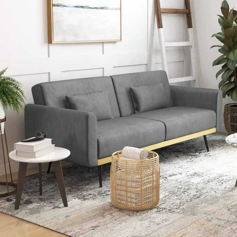 HOMCOM Divano Letto 3 Posti con Design Clic Clac e 2 Cuscini, in Tessuto Effetto Velluto, 206x81x83 cm, Grigio