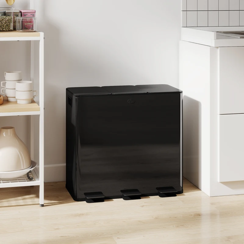 HOMCOM 3 x 20L Pedal Bin, Steel Triple Kitchen Bin with Soft Close Lid, Removable Inner Buckets, Fingerprint-Proof, Black