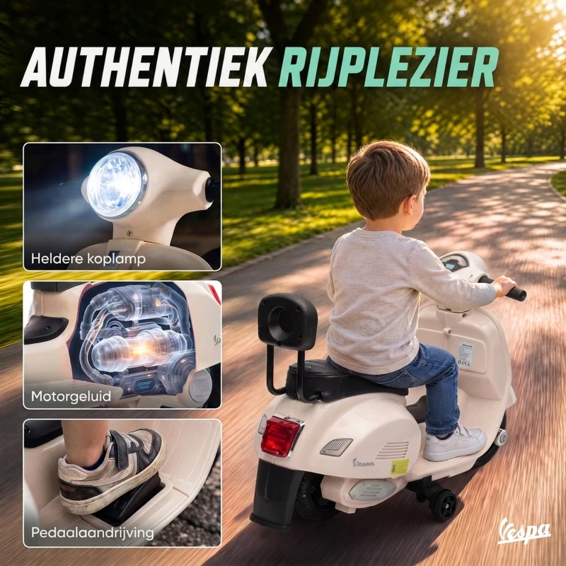 AIYAPLAY Elektrische kindermotor Mini Vespa GTS 6V met lithiumaccu, ergonomische zitting en rugleuning, 1,5-3 jaar