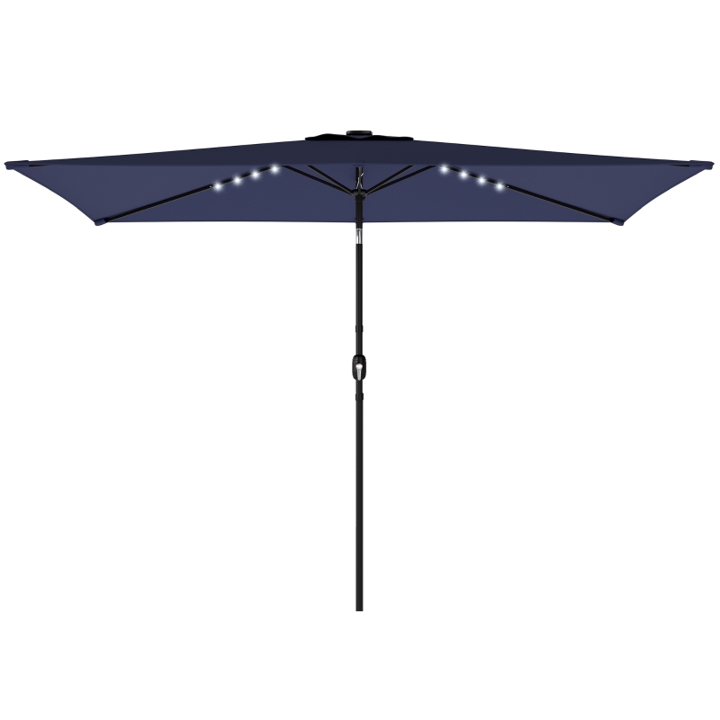 Outsunny Sonnenschirm LED Solar ca. 300 x 200 cm knickbar Balkonschirm mit Kurbel Schutzhülle, UV Schutz, Drehbar Marineblau